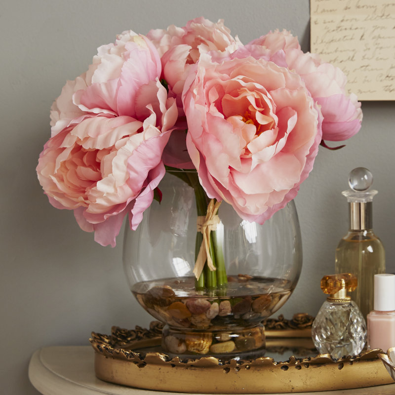 Ophelia & Co. Peonies in a Glass Vase with River Rocks and Faux Water & Reviews Wayfair
